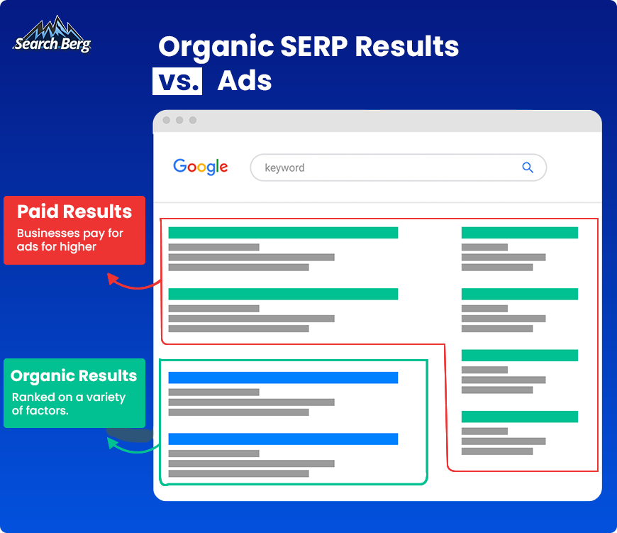 Comparison between organic SERP results and paid ads with highlighted sections