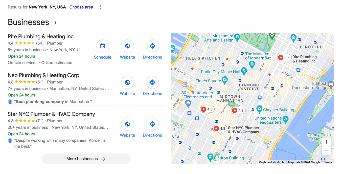 a screenshot of NYC plumbing business' Google Business Profiles