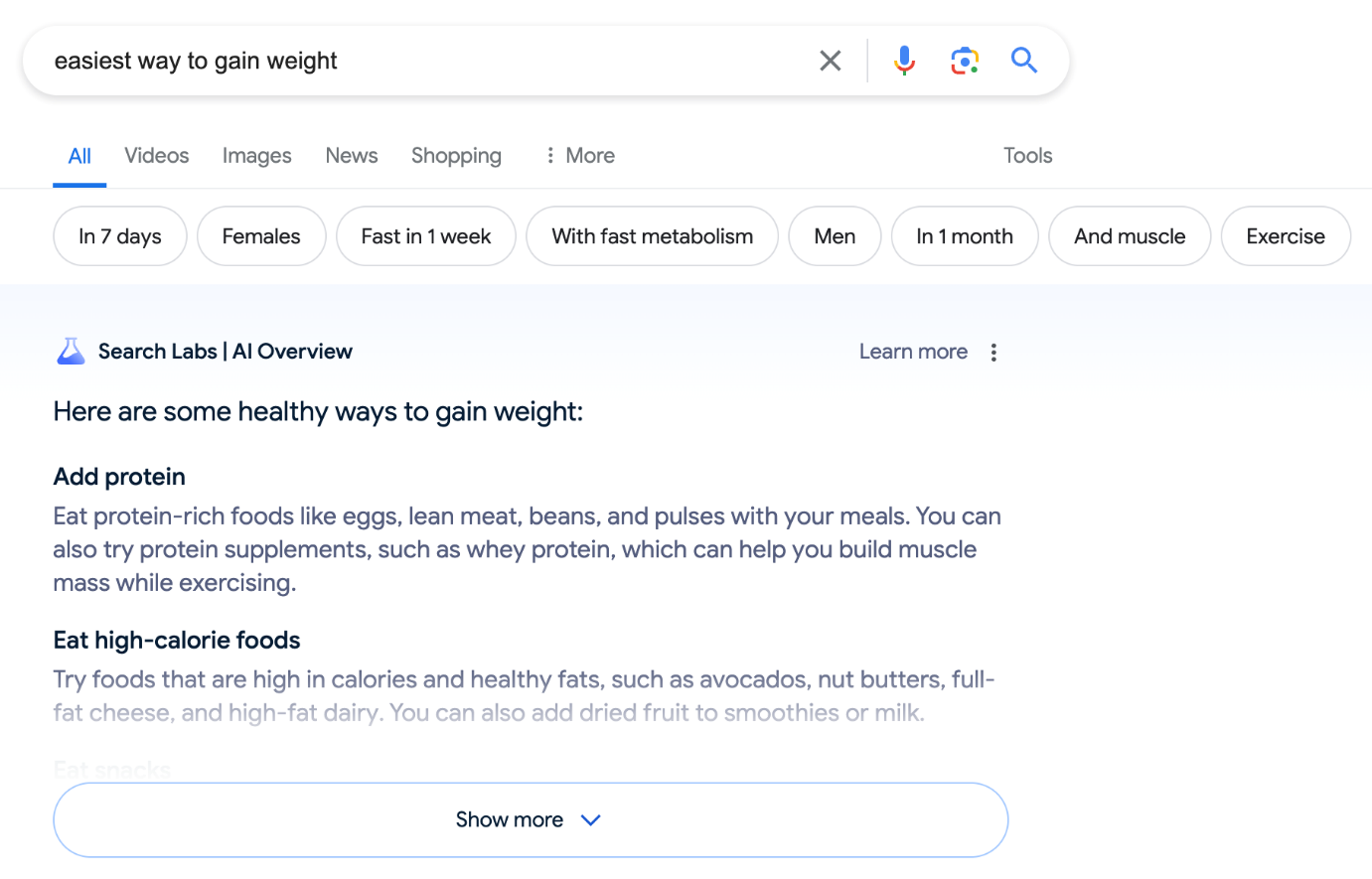 a screenshot of the AI snapshot for "how to gain weight"