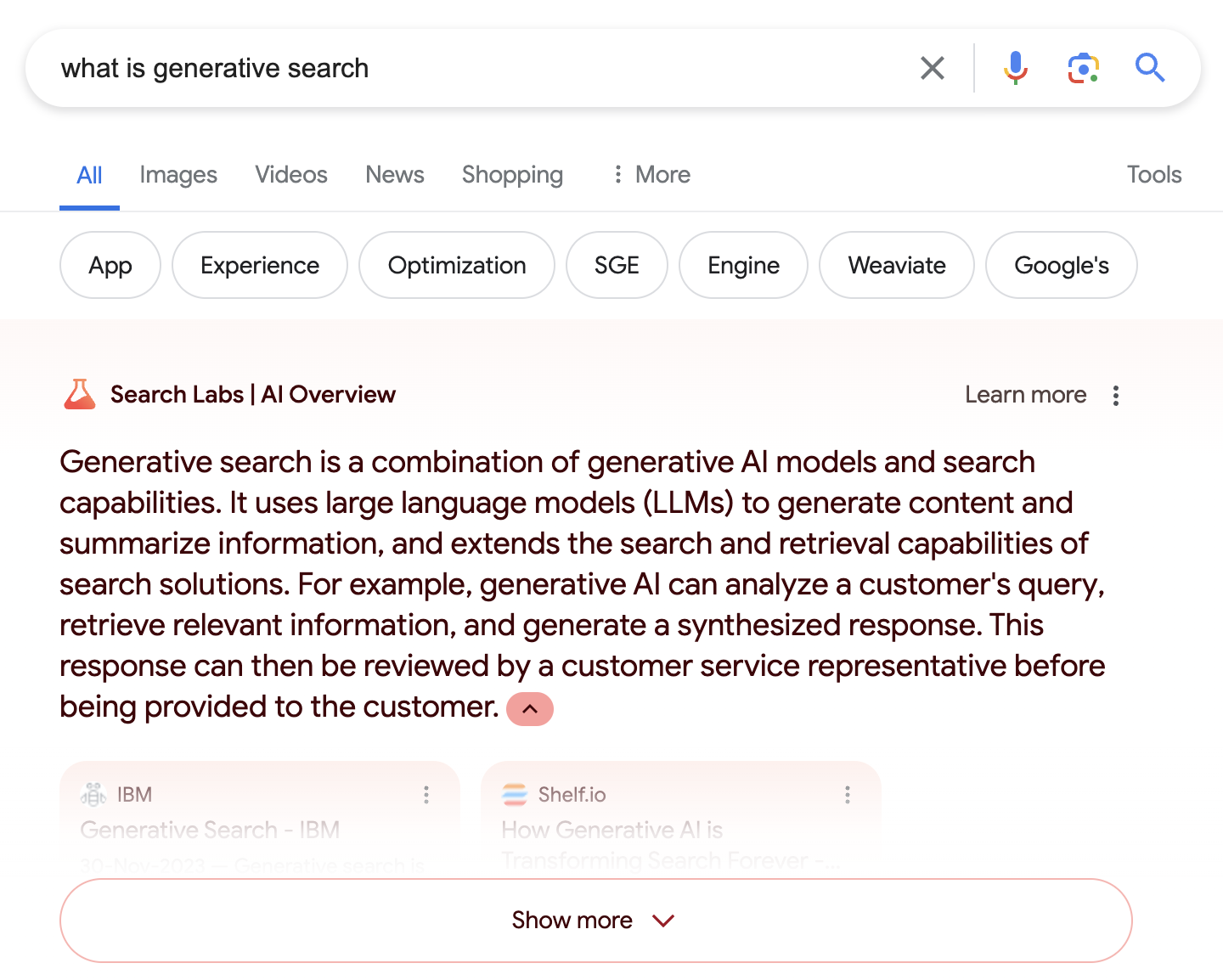 a screenshot of the AI snapshot for "what is generative search"