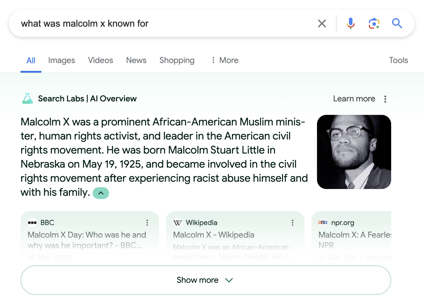 a screenshot of the AI overview for "what was Malcolm X known for"