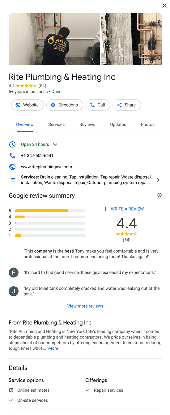 a screenshot of an NYC plumbing business' Google Business Profile