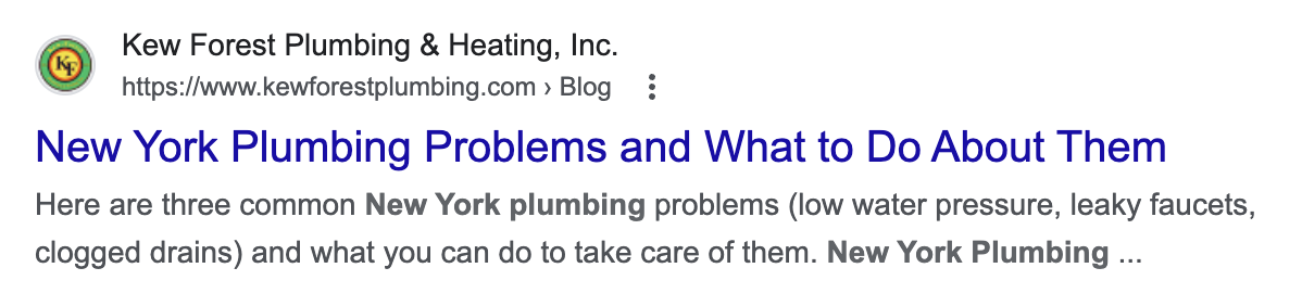 a screenshot of a New York-specific plumbing blog title and meta description on Google