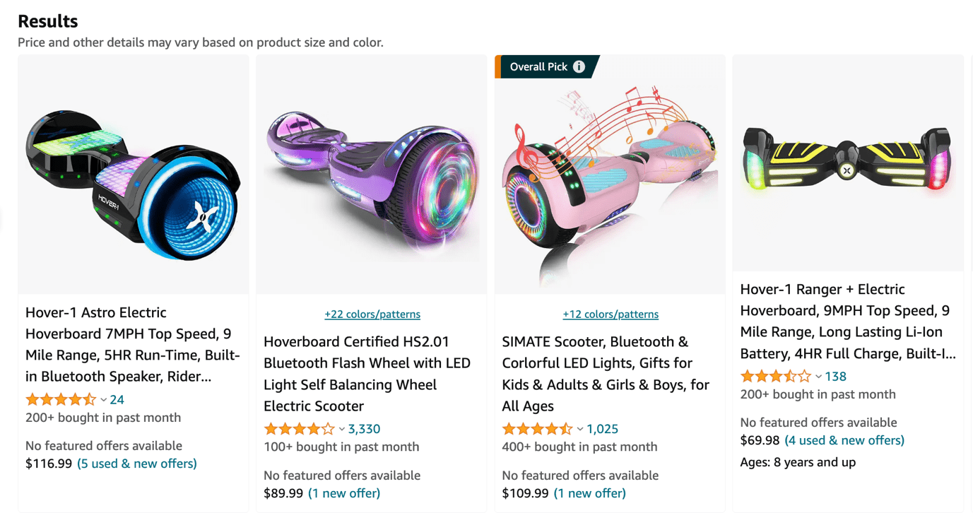 four Amazon search results for hoverboards