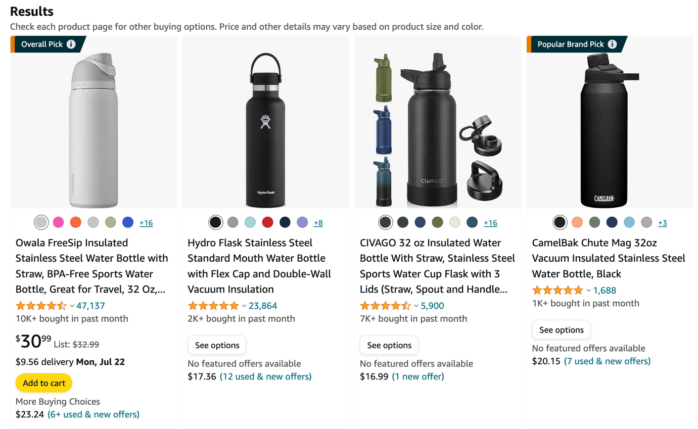 Amazon search results for water bottles