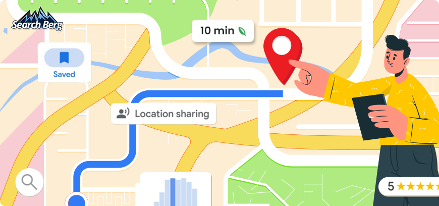 A graphic of Google Maps being actively used by an individual.
