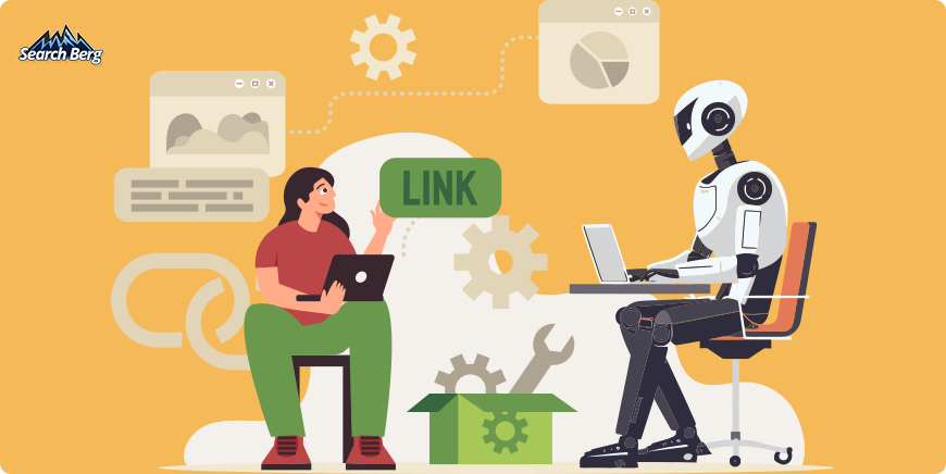 A robot and a human collaborating on linkbuilding strategies, representing AI's role in SEO.