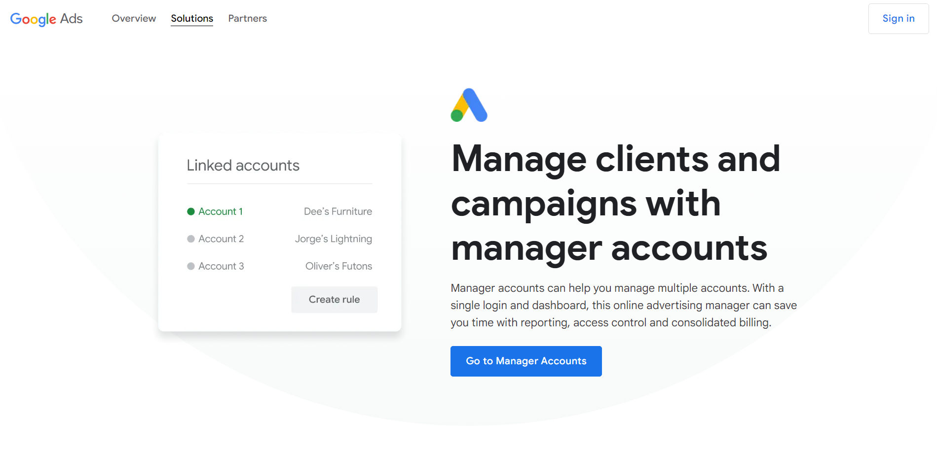 A screenshot of the Google Ads manager account homepage.