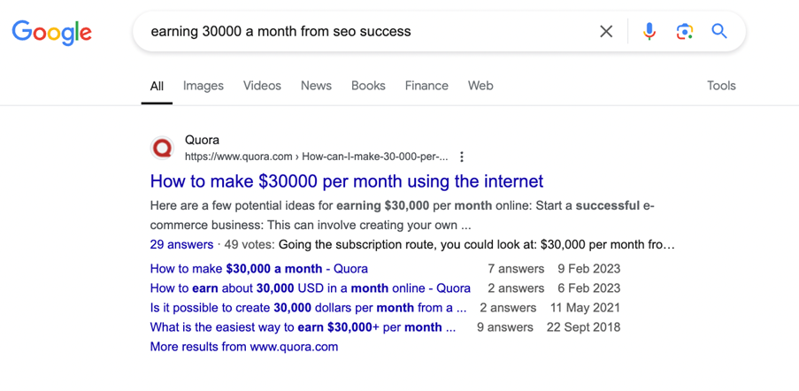 A screenshot showing a top-ranking Quora result. 