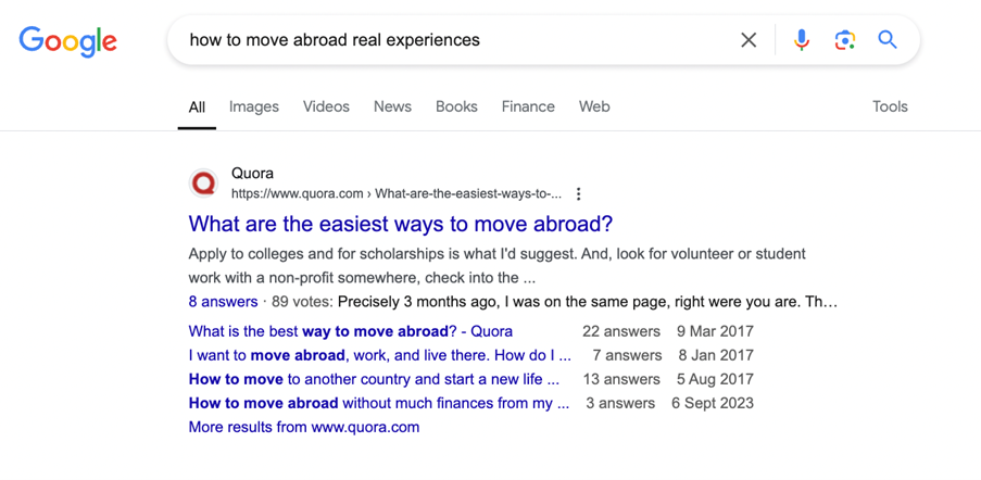 A screenshot showing a top-ranking Quora result in response to a query. 