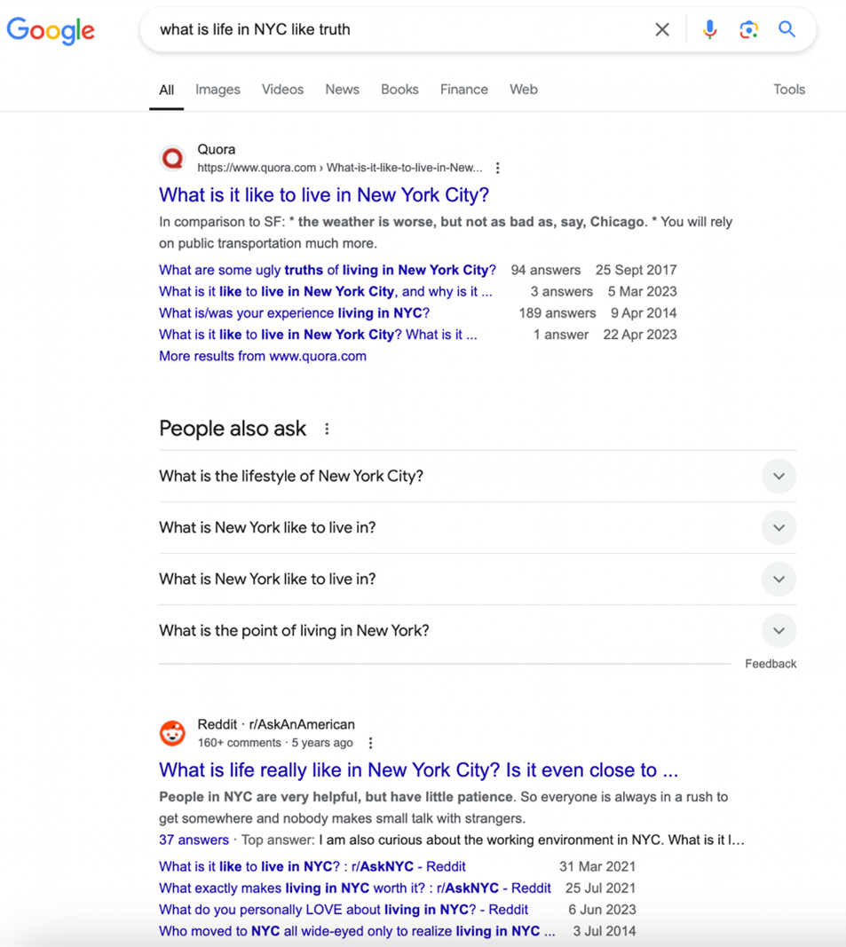 A screenshot showing a top-ranking Quora result followed by ‘People also ask’ and a Reddit post. 