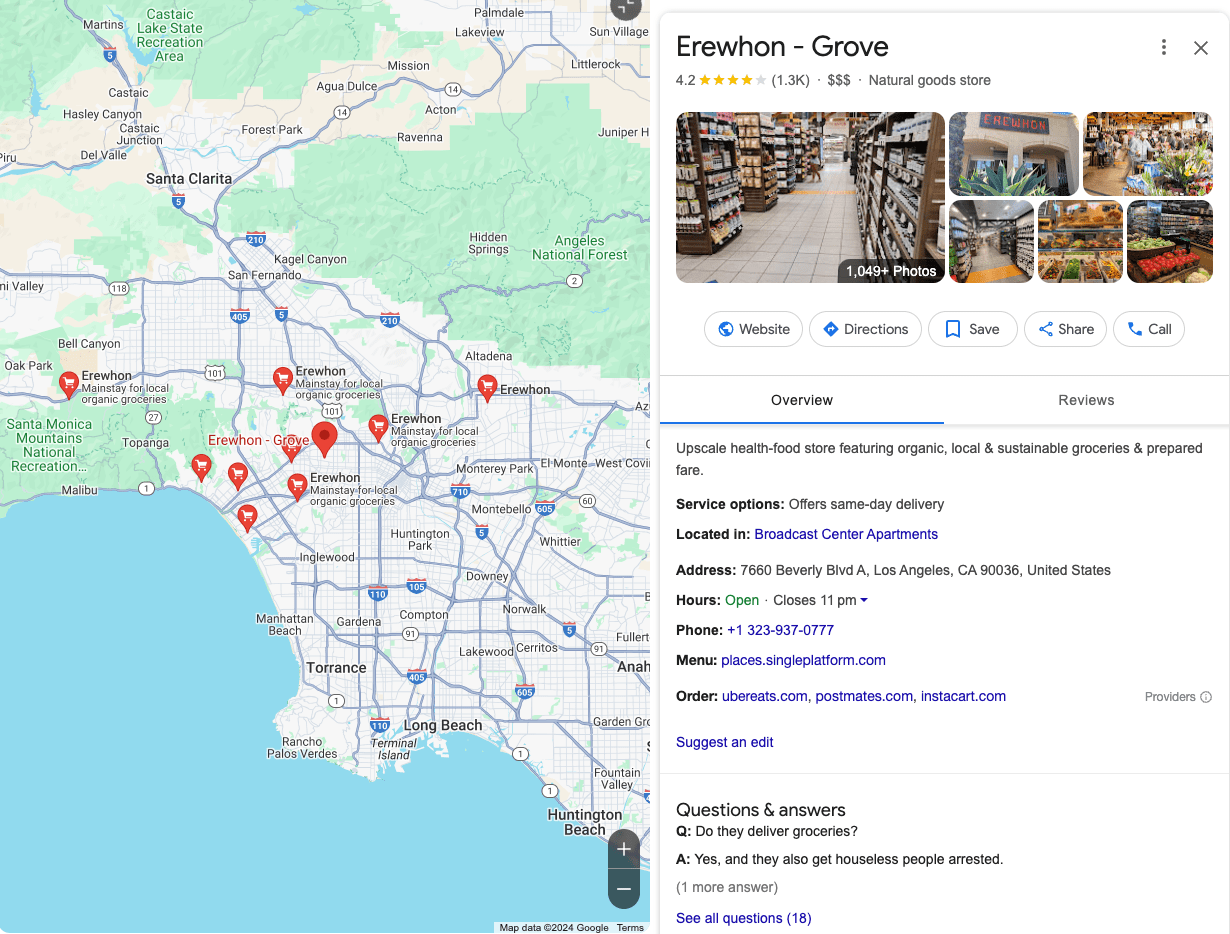 Screenshot of Erewhon’s store profile.