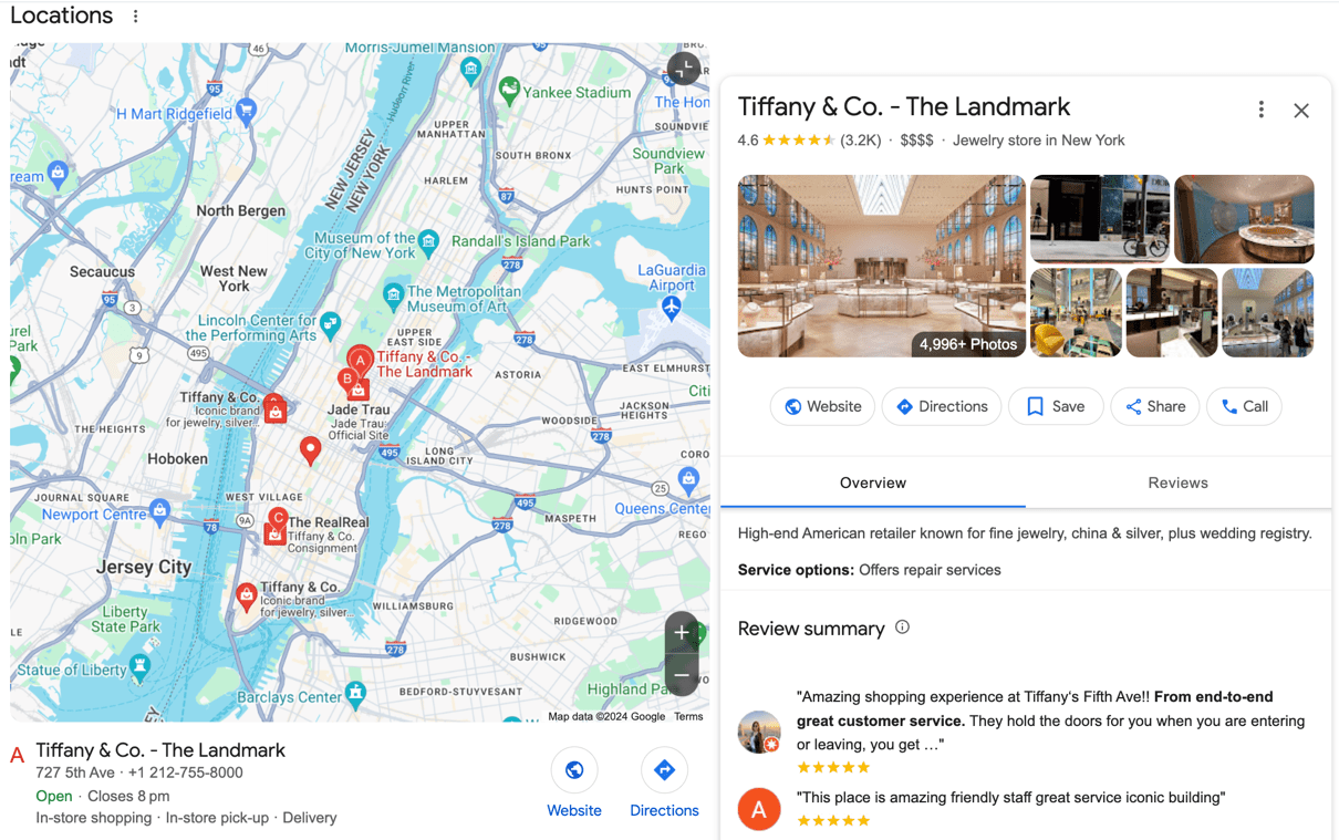 A screenshot of Tiffany & Co.’s landmark location with images of the store.