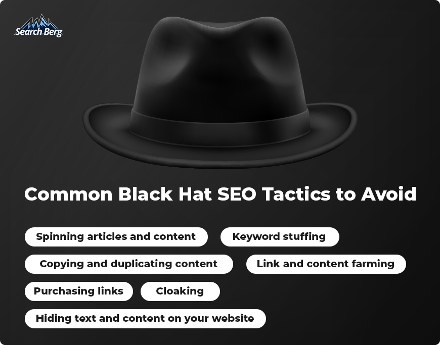 A list of black hat SEO practices to avoid.