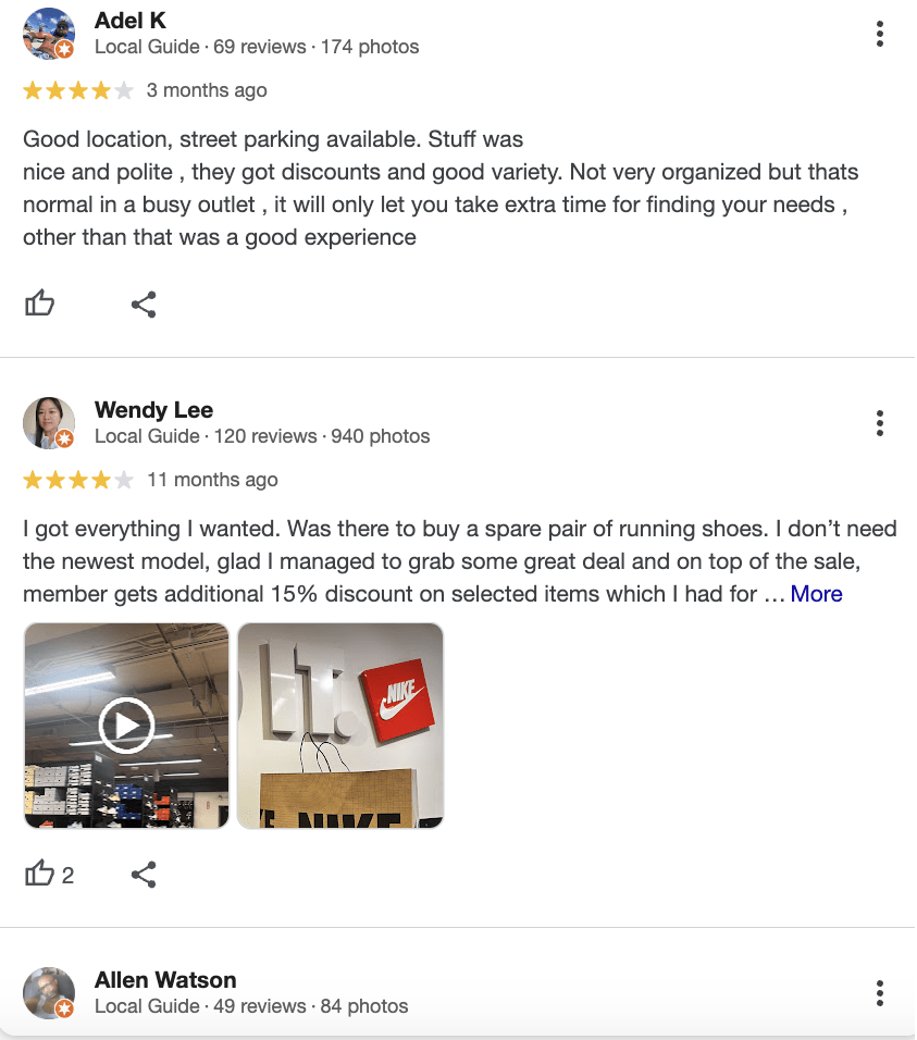 Reviews for a Nike factory store in Newark.