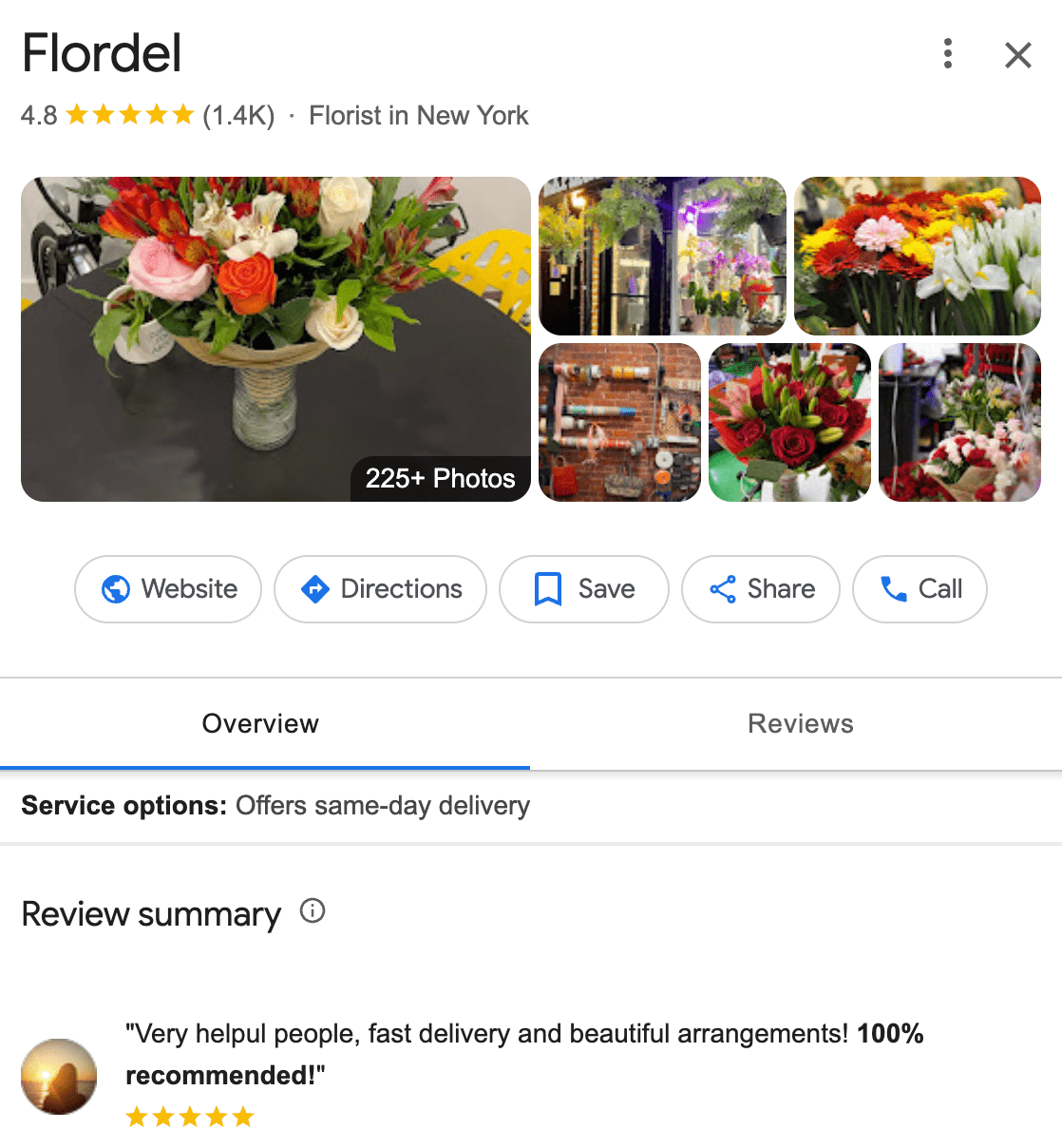  The Google Business Profile for a florist in New York