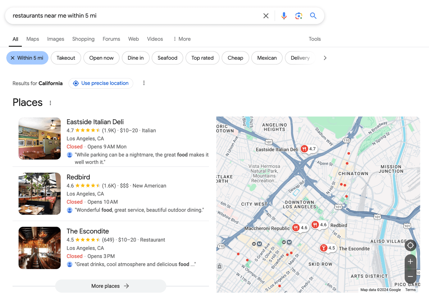 The Google Local 3-Map for the search "restaurants near me within 5 mi"