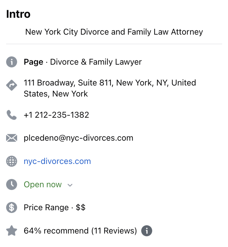 A screenshot of the description on a divorce attorney's Facebook page.